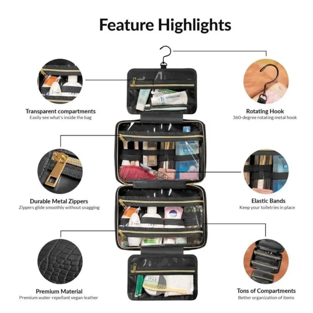 Leather Hanging Toiletry Bag for Men Women Spacious Toiletry Travel Bag Black